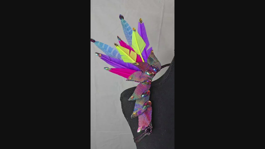 Purple Mini Rain Feather Small Collar Wings featuring vibrant purple, silver, and indigo feathers with sparkling accents; lightweight, adjustable, handmade carnival accessory—perfect for festivals and performances. #CARNIVALFEATHERS #CARNIVAL #CARNIVALCOSTUMES