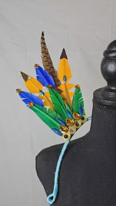 Rio Radiance Feather Small Collar Wings featuring a vibrant mix of golden yellow, blue, green, and brown feathers with sparkling embellishments; lightweight, adjustable, and handmade for carnival and festival wear. #CARNIVALFEATHERS #CARNIVAL #CARNIVALCOSTUMES