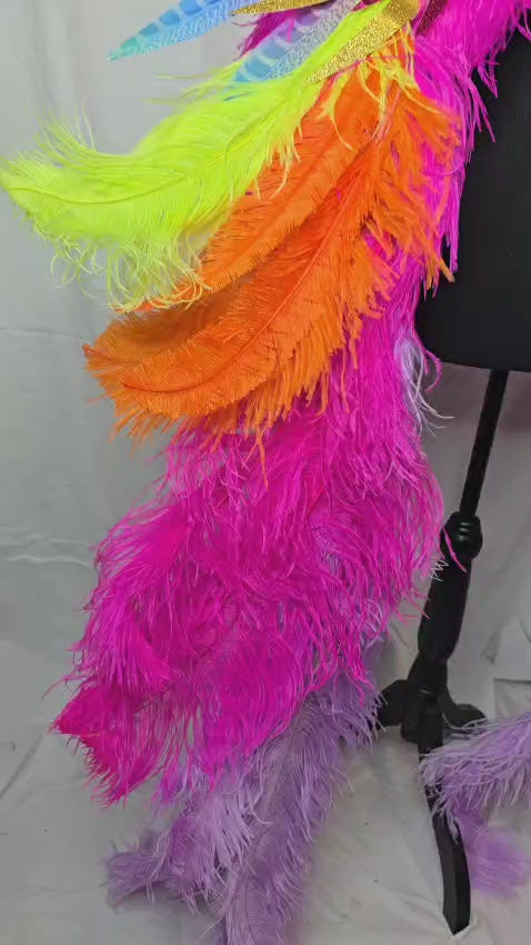 Neon Fantasy Feather Tail featuring a vibrant mix of neon yellow, orange, pink, purple, and iridescent feathers with dramatic, flowing plumes; lightweight, adjustable, and handmade to attach easily to any carnival backpack for a bold, festival-ready look. #CARNIVALFEATHERS #CARNIVAL #CARNIVALCOSTUMES