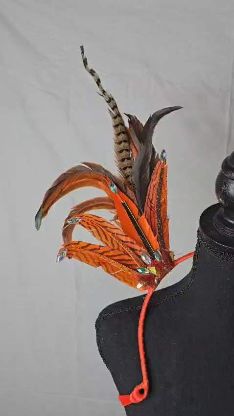 Copper Flame Feather Small Collar Wings featuring a striking blend of orange and brown feathers with copper-toned accents and sparkling embellishments; lightweight, adjustable, and handmade for carnival and festival wear. #CARNIVALFEATHERS #CARNIVAL #CARNIVALCOSTUMES