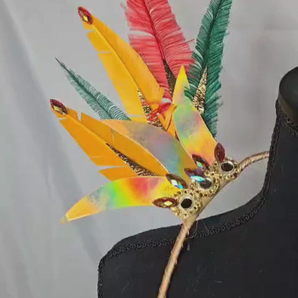 Video Tropical Radiance Feather Small Collar Wings featuring vibrant tropical-colored feathers designed for showgirls, festivals, and carnivals. Lightweight and comfortable, perfect for performances and parades. #carnivalmw #carnivalcostume #featherbackpack