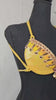 Sun Goddess Decorated Wire Bra featuring a vibrant yellow wire base, radiant gold and amber gem embellishments, and intricate chain accents, displayed on a black mannequin—perfect for carnivals, samba dancers, and festival performances. #CarnivalMW #CarnivalReady #FestivalFashion #WireBra #SunGoddess #ShowgirlStyle #CustomCostumes #carnivalfeathers #carnivalcostume #carnivalbackpack #festival #festivalwear #festivallooks #carnival #mondaywear