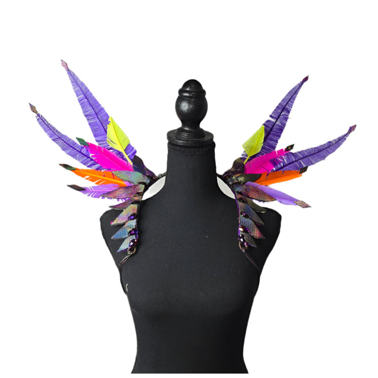Purple Rain small feather collar wings, front view – deep purple feathers with silver accents | CarnivalMW