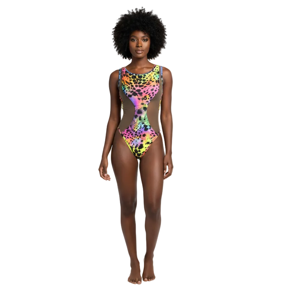 Rainbow Cheetah One-Piece Monokini Swimsuit Mondaywear — bold one-piece swimsuit for carnival Monday wear, fetes, festivals, pool, and beach