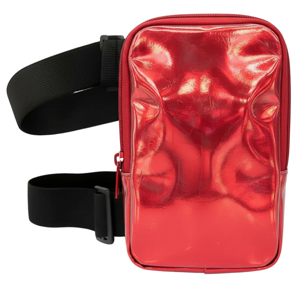 Red HoloGlam Carnival Thigh Bag — hands-free carnival thigh bag for phone and essentials at fetes, jouvert, and festivals