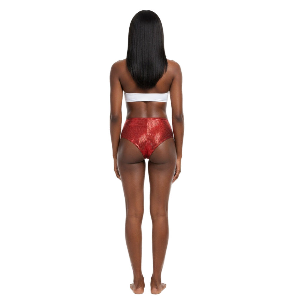 Red Holographic Carnival Cheekies Hot Shorts — shimmering holographic booty shorts for carnival, jouvert, fetes, and festivals