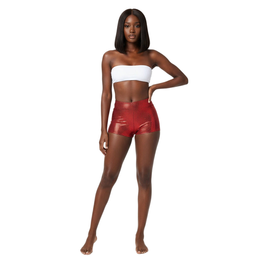 Red Holographic Carnival Cheekies Hot Shorts — shimmering holographic booty shorts for carnival, jouvert, fetes, and festivals