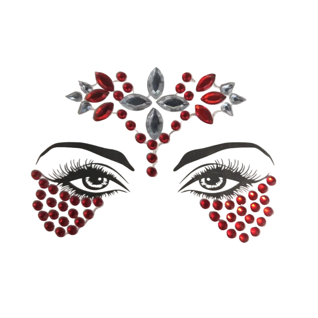 Red Mini Carnival Face Gems Stickers — reflective rhinestone face gems with adjustable fit for carnival and festival looks, ages 12 and up