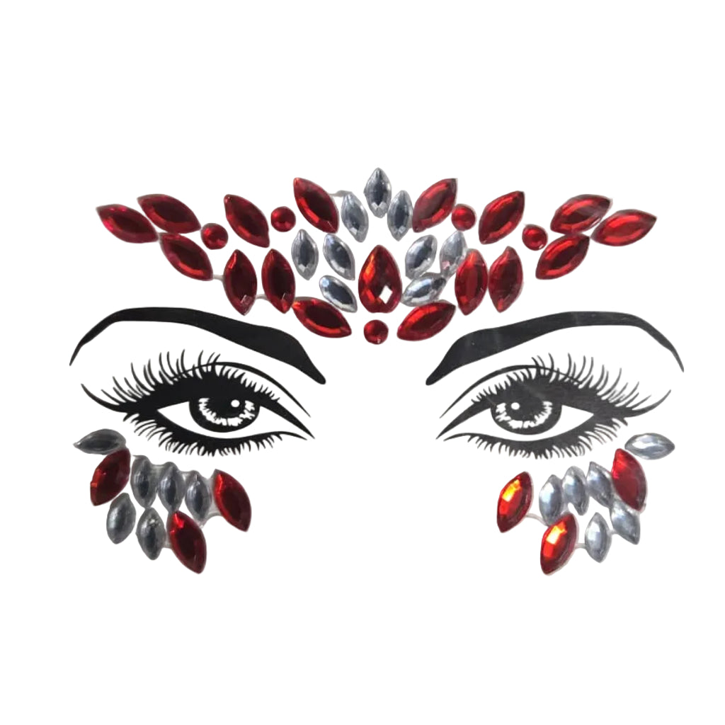 Face gem stickers with red and silver crystals on a branded card