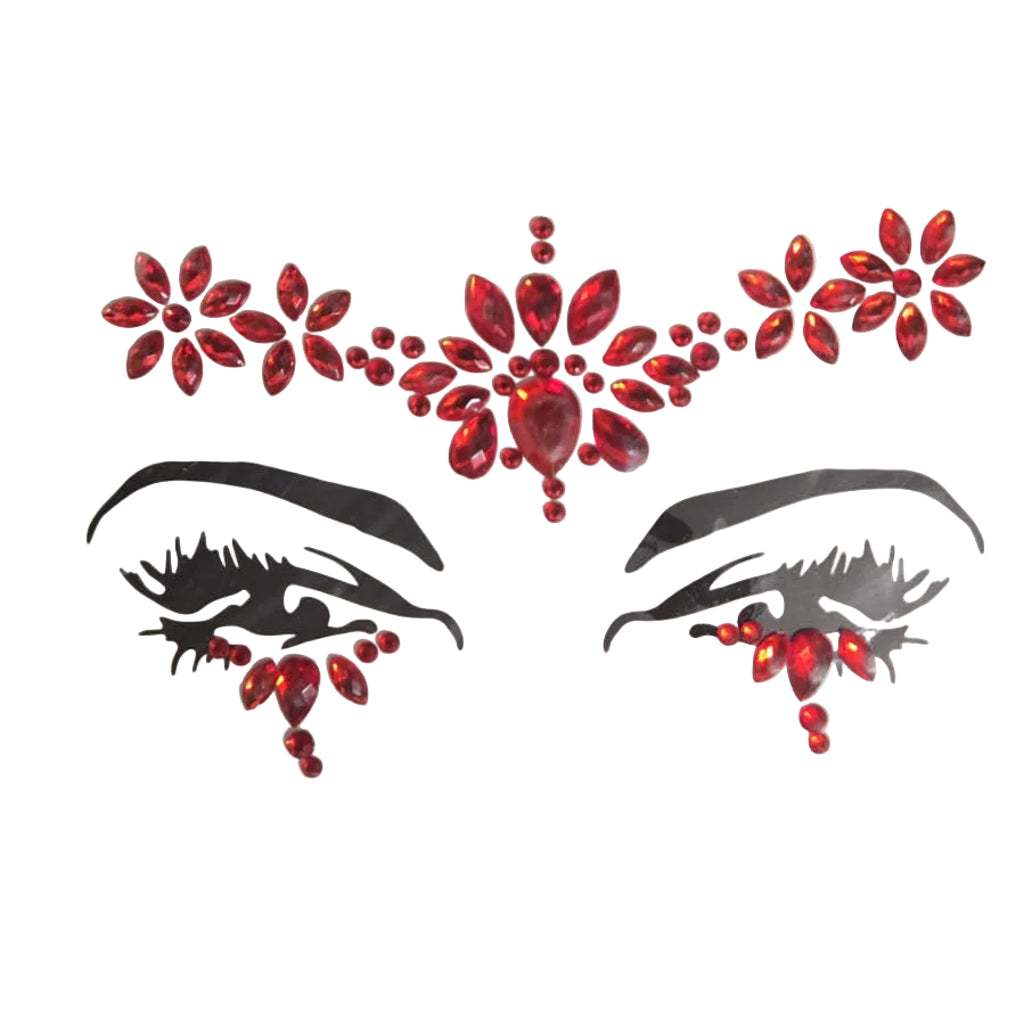 Red Mini Steam Face Gems Stickers — reflective rhinestone face gems with adjustable fit for carnival and festival looks, ages 12 and up