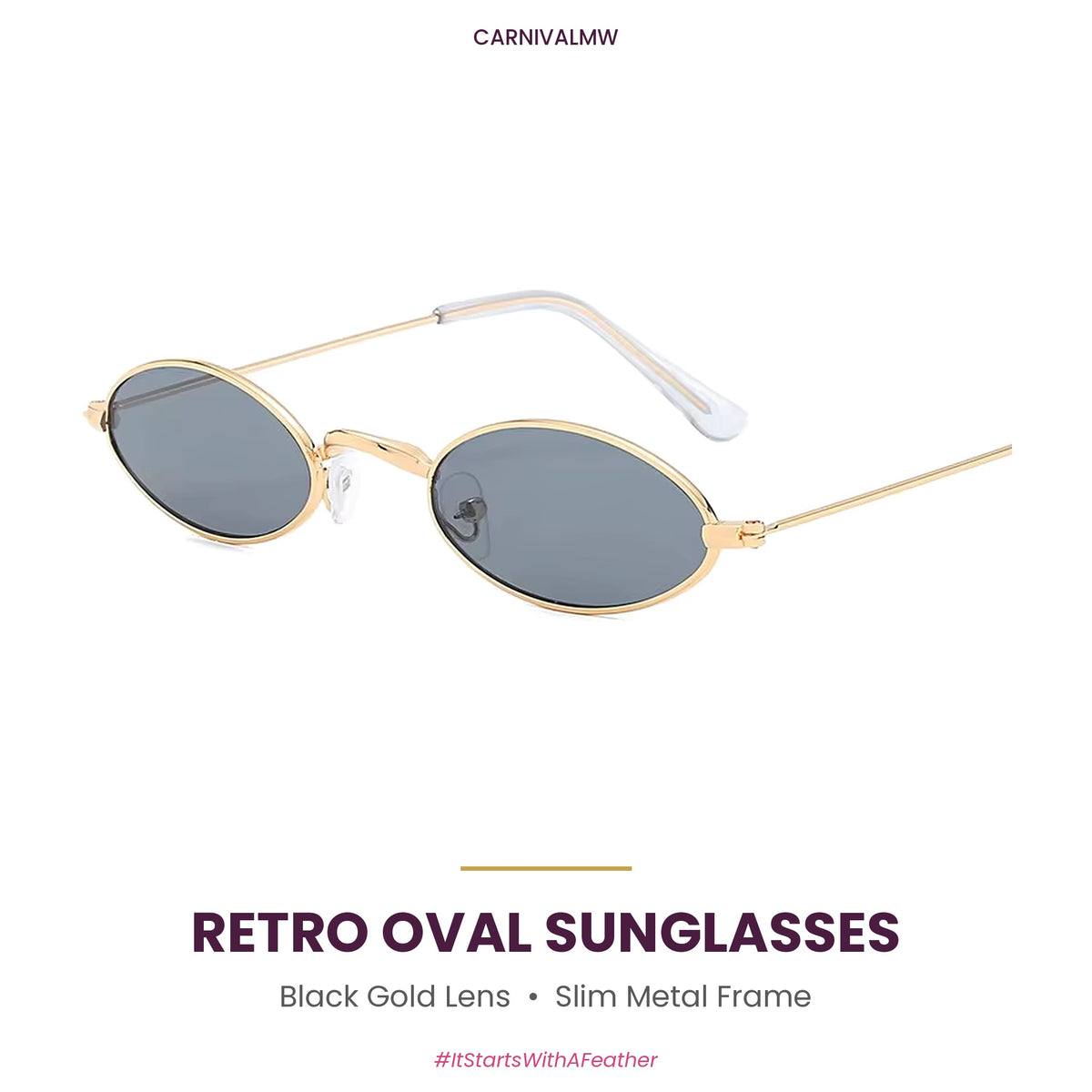 Retro Oval Metal Sunglasses – Small Frame Colored Lens Party Shades-Black Gold retro oval metal sunglasses by CARNIVALMW – dark smoke lenses in a slim gold-tone frame, small 90s party shades