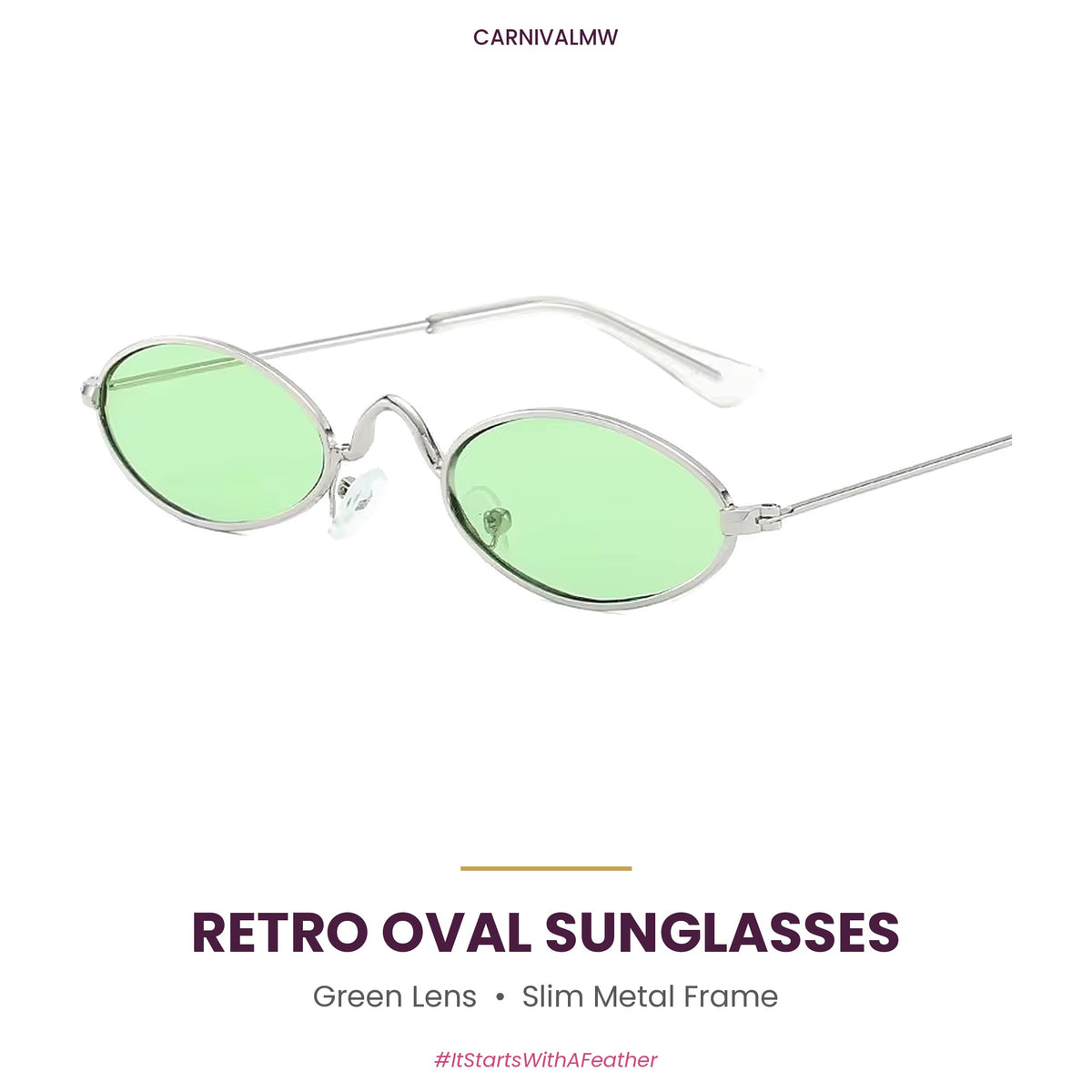 Retro Oval Metal Sunglasses – Small Frame Colored Lens Party Shades-Green lens retro oval metal sunglasses by CARNIVALMW – slim silver-tone frame, small colored party shades for fetes and J'ouvert