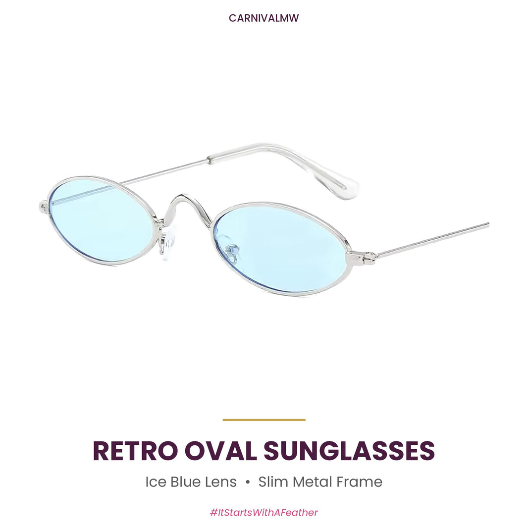 Retro Oval Metal Sunglasses – Small Frame Colored Lens Party Shades-Ice Blue lens retro oval metal sunglasses by CARNIVALMW – slim silver-tone frame, small colored party shades for beach and festivals