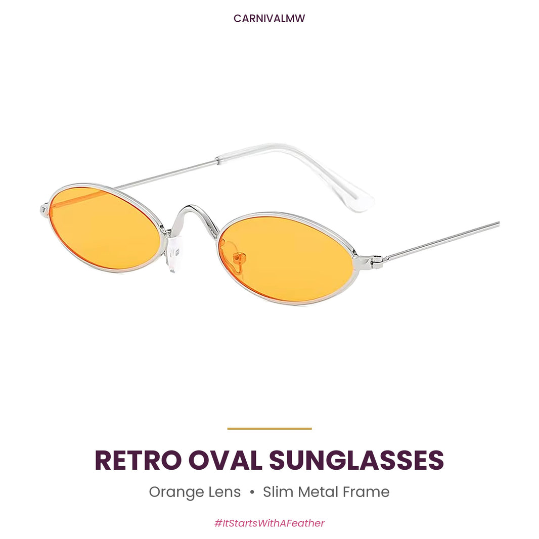 Retro Oval Metal Sunglasses – Small Frame Colored Lens Party Shades-Orange lens retro oval metal sunglasses by CARNIVALMW – slim silver-tone frame, small colored party shades for festivals