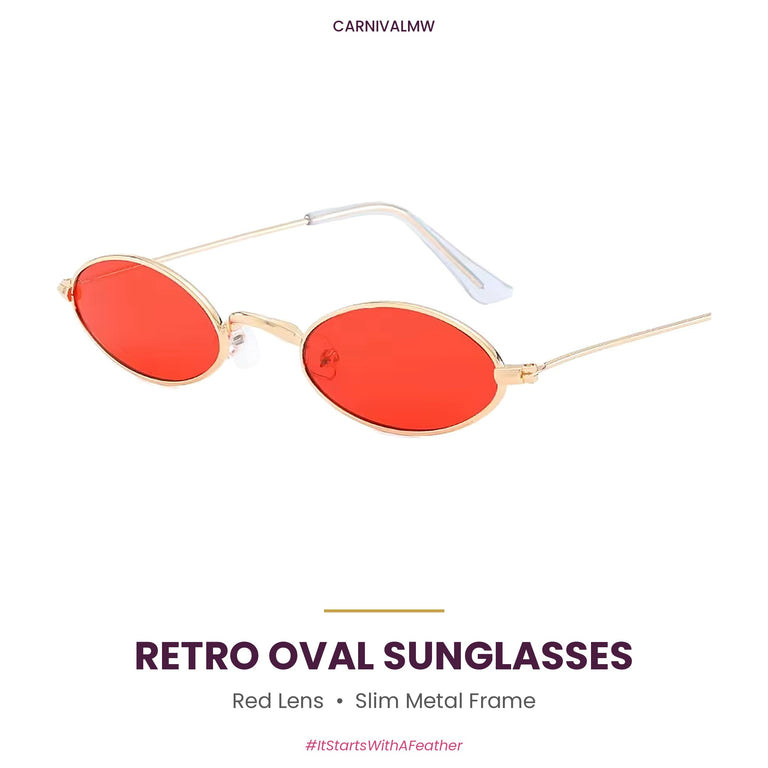 Red lens retro oval metal sunglasses by CARNIVALMW – slim gold-tone frame, small colored party shades for carnival and fetes