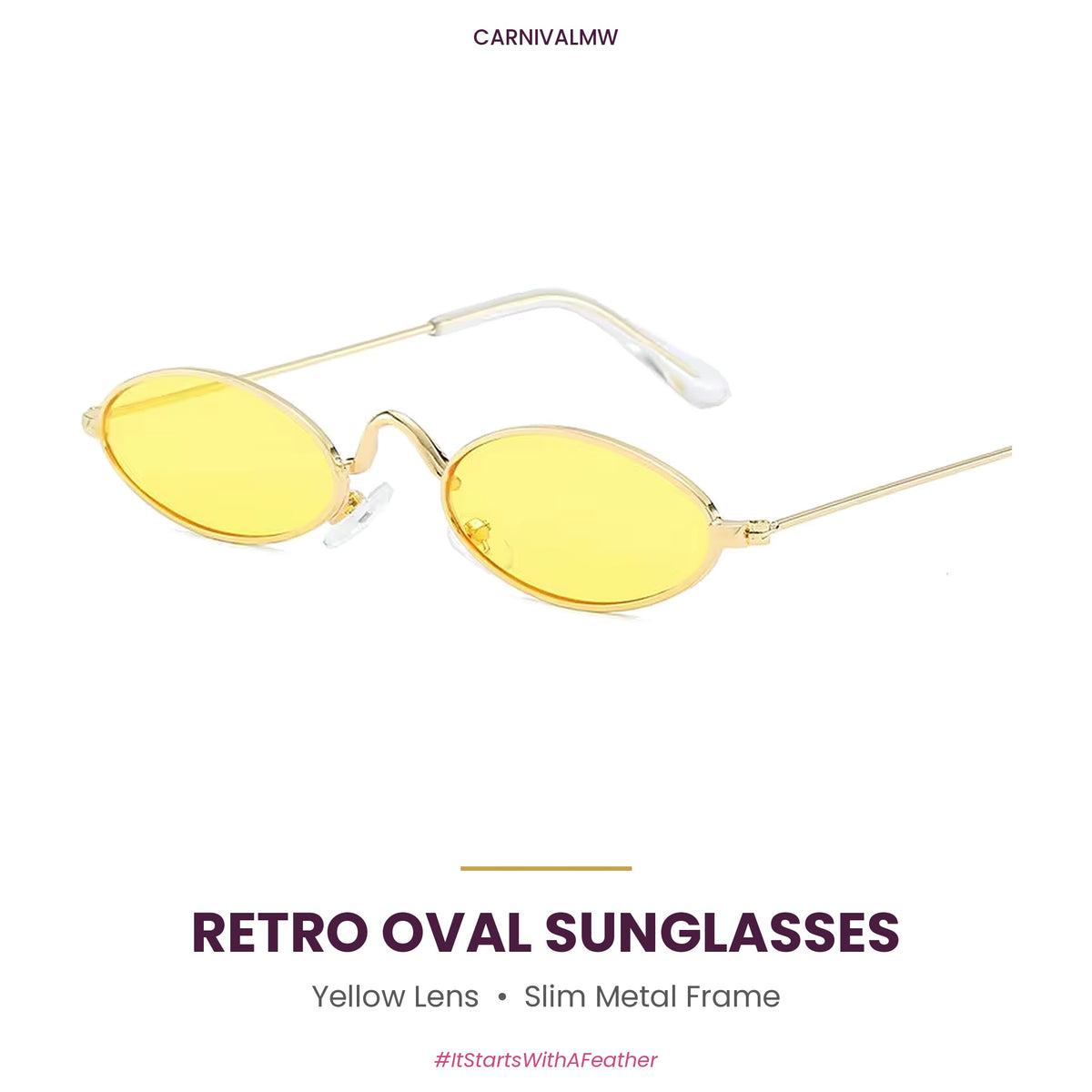 Retro Oval Metal Sunglasses – Small Frame Colored Lens Party Shades-Yellow lens retro oval metal sunglasses by CARNIVALMW – slim gold-tone frame, small colored party shades for carnival