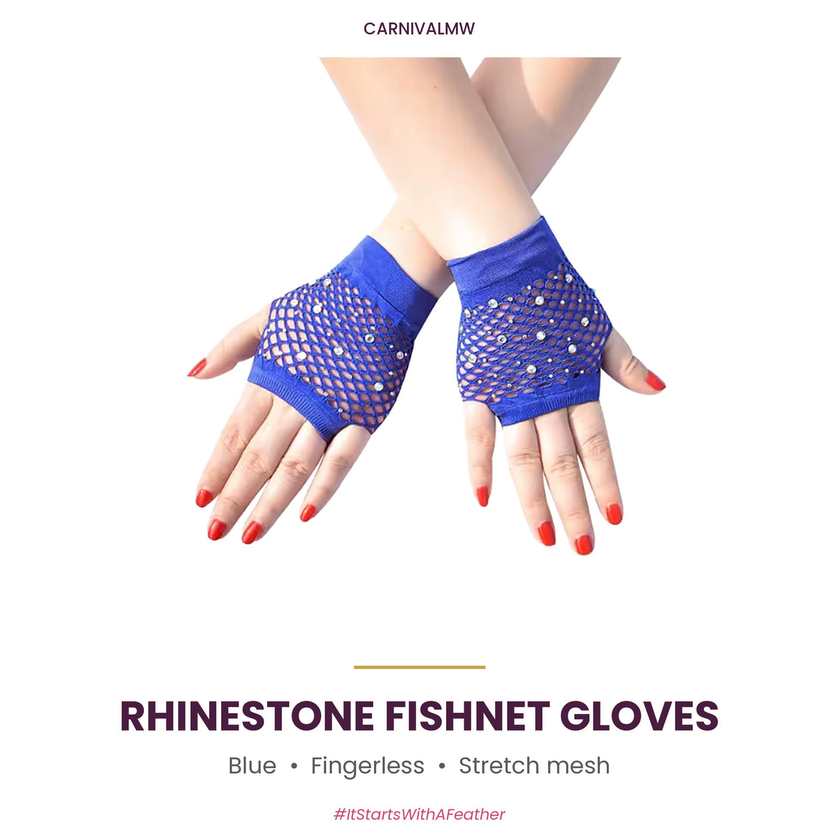 Rhinestone Fishnet Fingerless Gloves – Sparkle Mesh Party Gloves-Blue rhinestone fishnet fingerless gloves by CARNIVALMW – royal blue wrist-length sparkle mesh party gloves