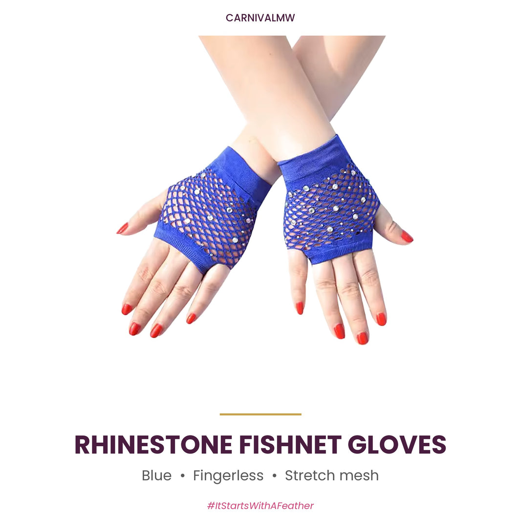 Rhinestone Fishnet Fingerless Gloves – Sparkle Mesh Party Gloves-Blue rhinestone fishnet fingerless gloves by CARNIVALMW – royal blue wrist-length sparkle mesh party gloves