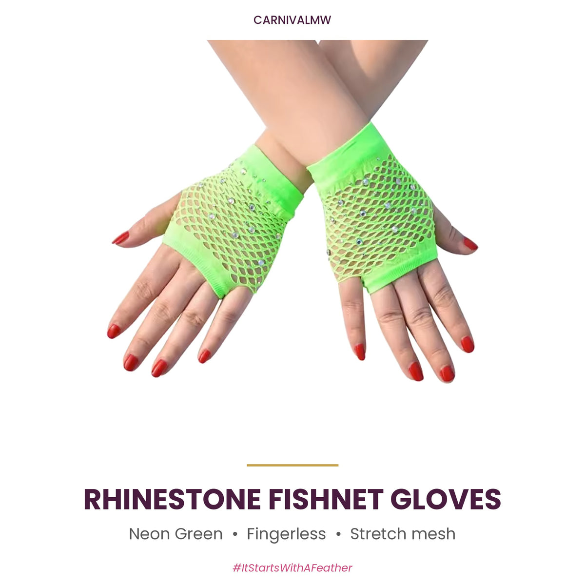 Rhinestone Fishnet Fingerless Gloves – Sparkle Mesh Party Gloves-Neon Green rhinestone fishnet fingerless gloves by CARNIVALMW – wrist-length sparkle mesh party gloves for fetes and J'ouvert