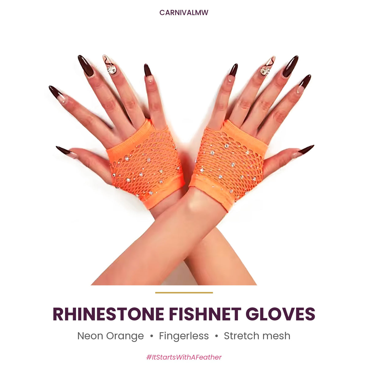 Rhinestone Fishnet Fingerless Gloves – Sparkle Mesh Party Gloves-Neon Orange rhinestone fishnet fingerless gloves by CARNIVALMW – wrist-length sparkle mesh gloves for carnival road march