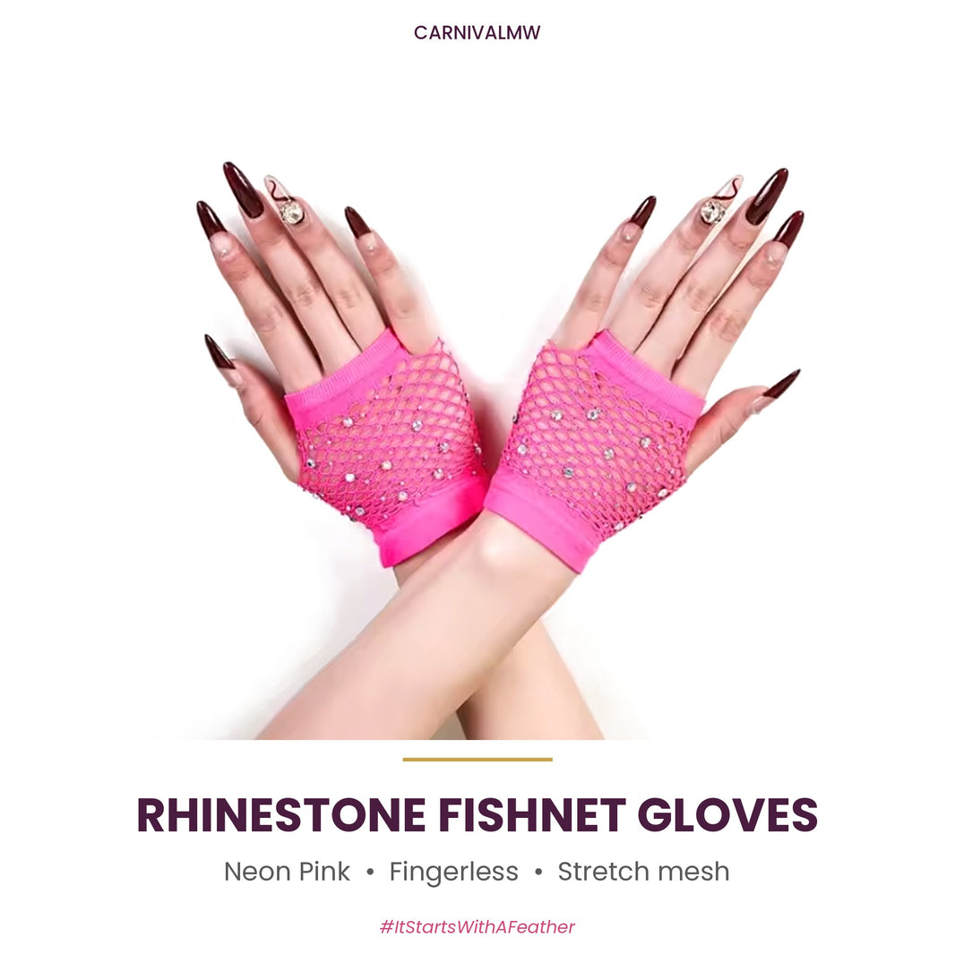 Rhinestone Fishnet Fingerless Gloves – Sparkle Mesh Party Gloves-Neon Pink rhinestone fishnet fingerless gloves by CARNIVALMW – wrist-length sparkle mesh party gloves for carnival and fetes