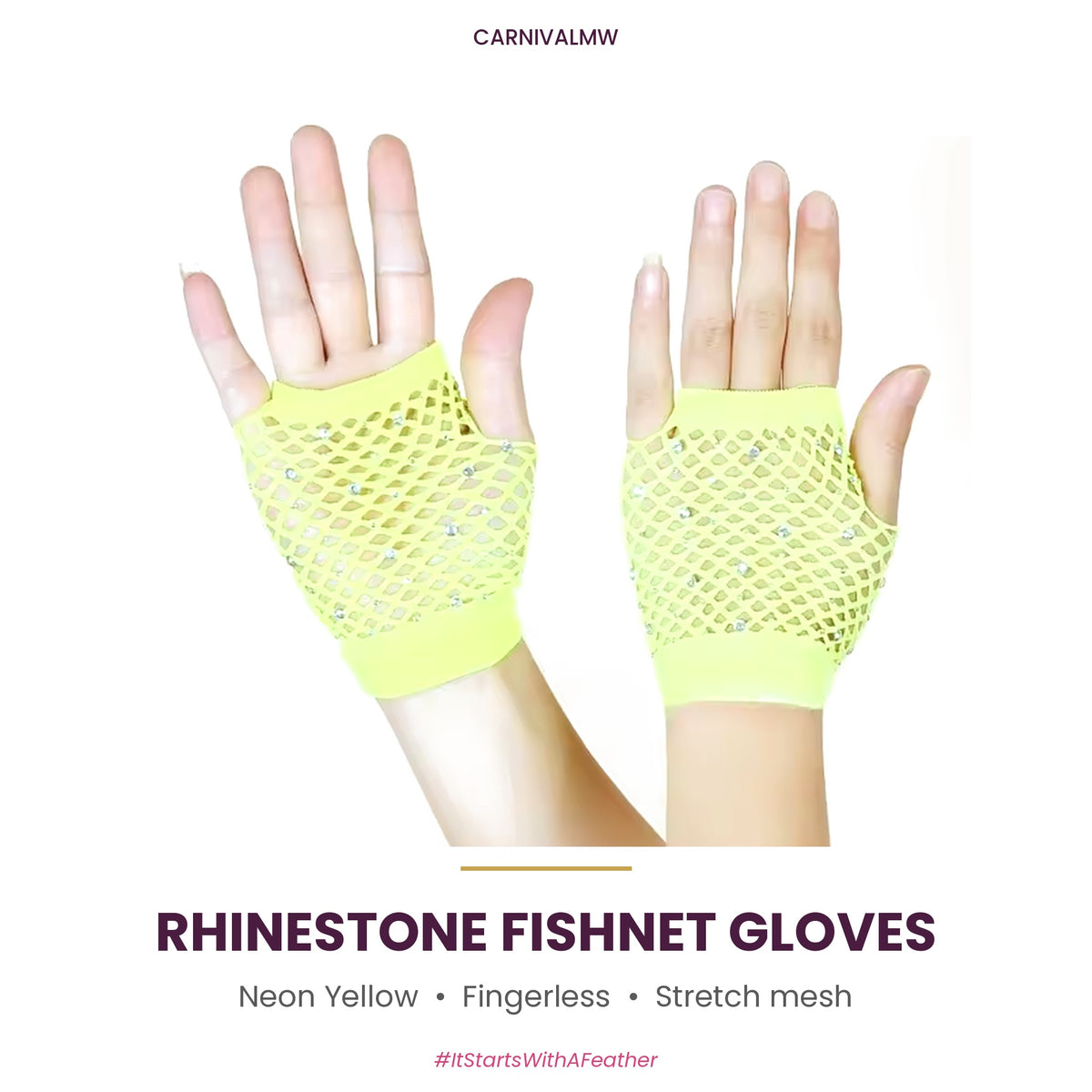 Rhinestone Fishnet Fingerless Gloves – Sparkle Mesh Party Gloves-Neon Yellow rhinestone fishnet fingerless gloves by CARNIVALMW – bright wrist-length sparkle mesh gloves for carnival and festivals