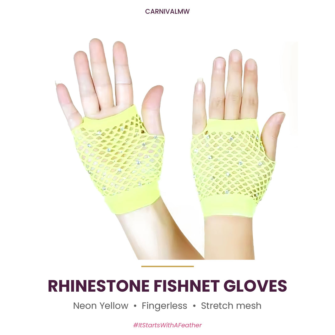 Rhinestone Fishnet Fingerless Gloves – Sparkle Mesh Party Gloves-Neon Yellow rhinestone fishnet fingerless gloves by CARNIVALMW – bright wrist-length sparkle mesh gloves for carnival and festivals