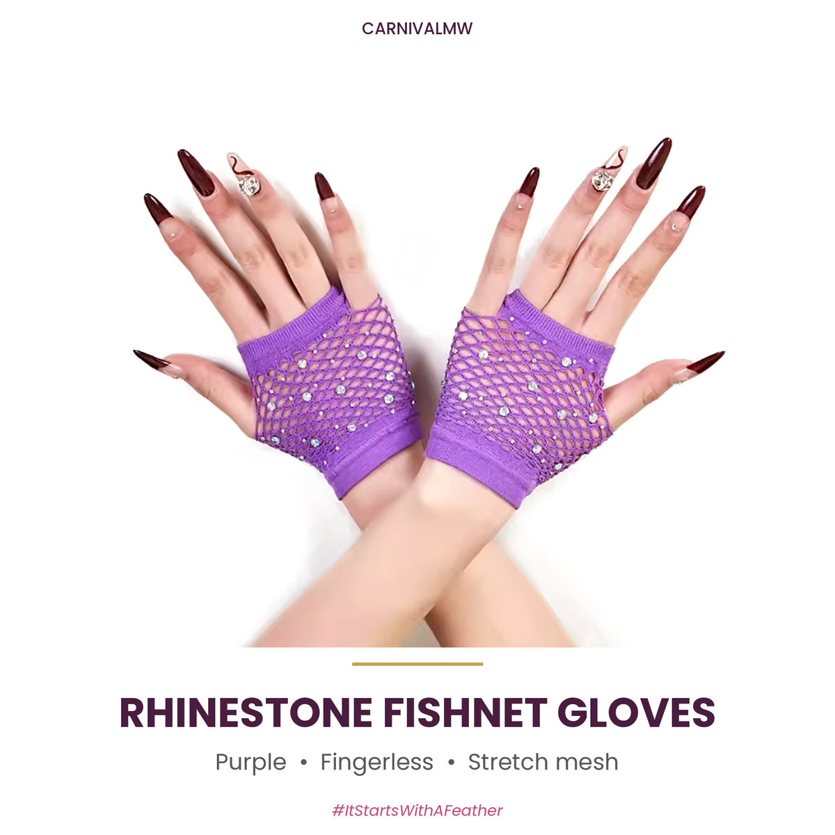 Rhinestone Fishnet Fingerless Gloves – Sparkle Mesh Party Gloves-Purple rhinestone fishnet fingerless gloves by CARNIVALMW – wrist-length sparkle mesh party gloves for fetes and festivals