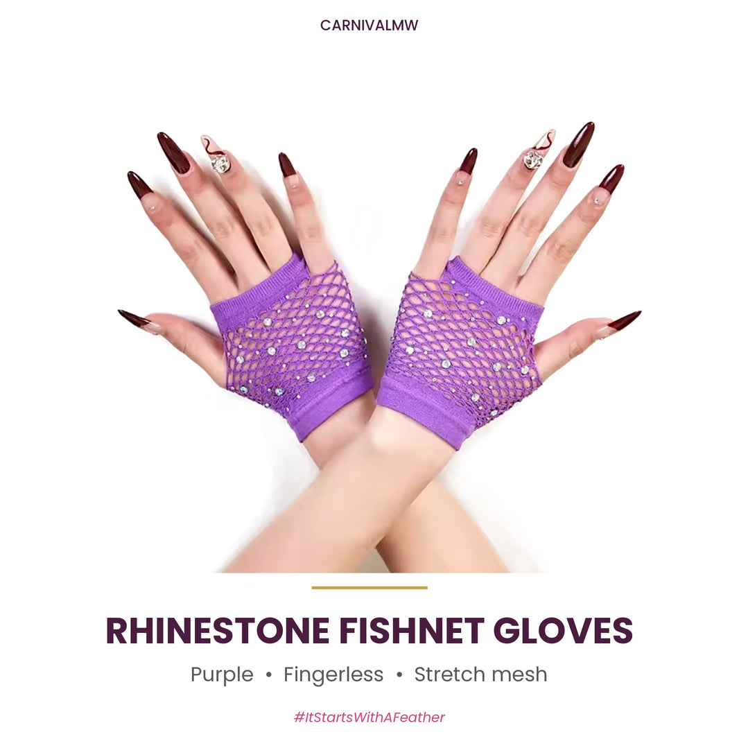 Rhinestone Fishnet Fingerless Gloves – Sparkle Mesh Party Gloves-Purple rhinestone fishnet fingerless gloves by CARNIVALMW – wrist-length sparkle mesh party gloves for fetes and festivals