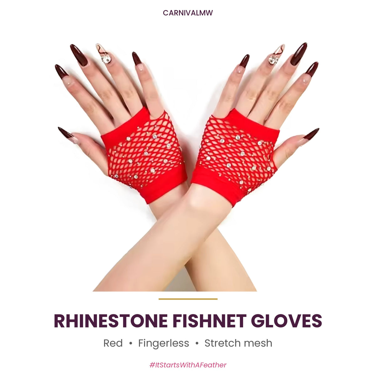 Rhinestone Fishnet Fingerless Gloves – Sparkle Mesh Party Gloves-Red rhinestone fishnet fingerless gloves by CARNIVALMW – wrist-length sparkle mesh gloves for carnival costumes and parties