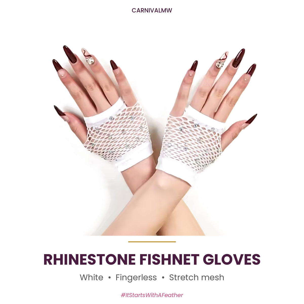 Rhinestone Fishnet Fingerless Gloves – Sparkle Mesh Party Gloves-White rhinestone fishnet fingerless gloves by CARNIVALMW – wrist-length sparkle mesh gloves that pair with any carnival look