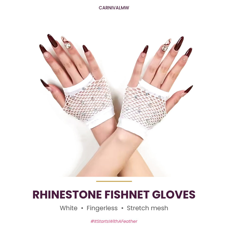 White rhinestone fishnet fingerless gloves by CARNIVALMW – wrist-length sparkle mesh gloves that pair with any carnival look