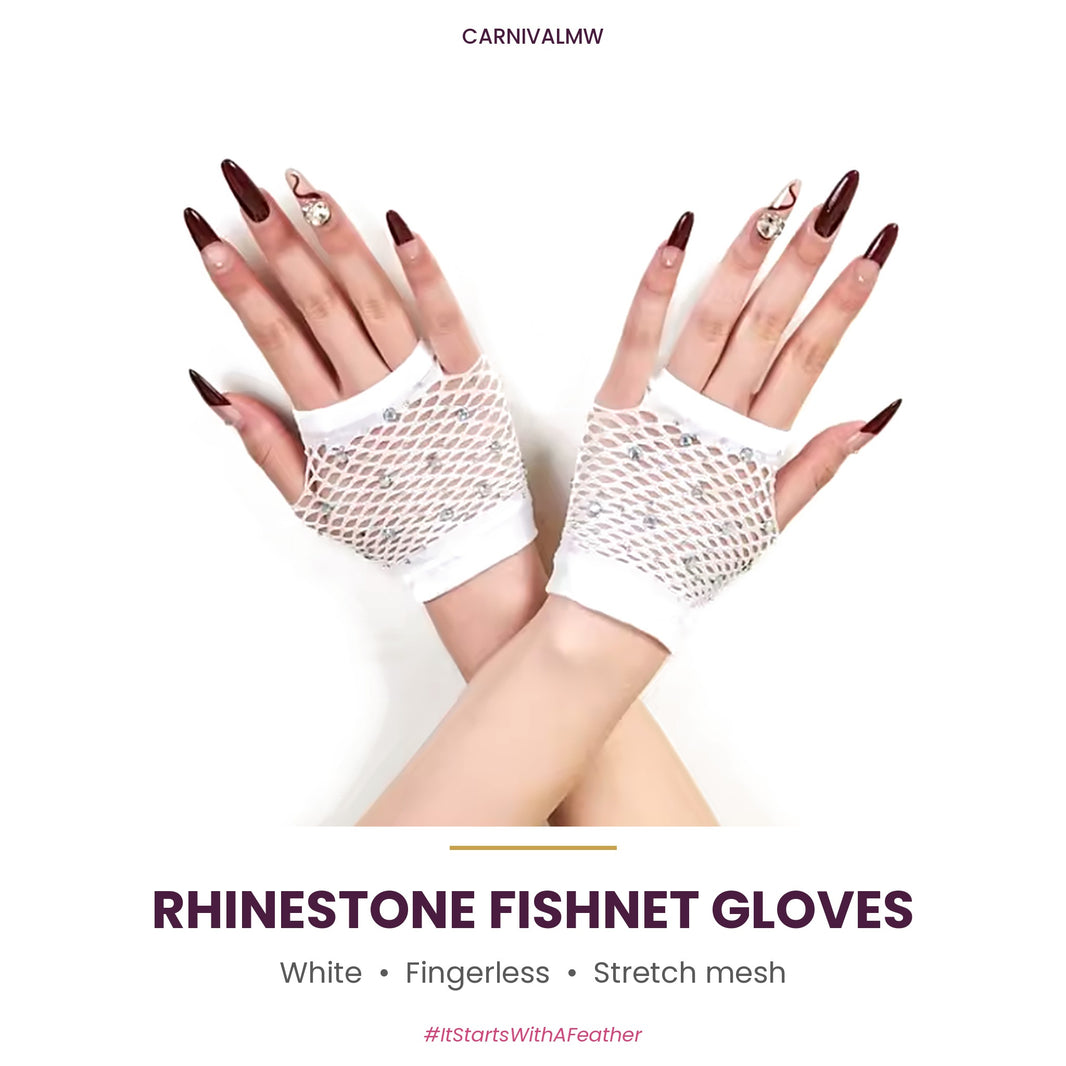 Rhinestone Fishnet Fingerless Gloves – Sparkle Mesh Party Gloves-White rhinestone fishnet fingerless gloves by CARNIVALMW – wrist-length sparkle mesh gloves that pair with any carnival look