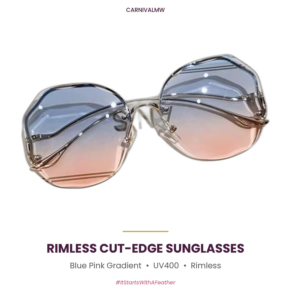 Rimless Cut-Edge Oversized Sunglasses – UV400 Gradient Lens Shades-Blue Pink rimless cut-edge oversized sunglasses by CARNIVALMW – blue-to-pink gradient UV400 lenses with faceted diamond-cut edges