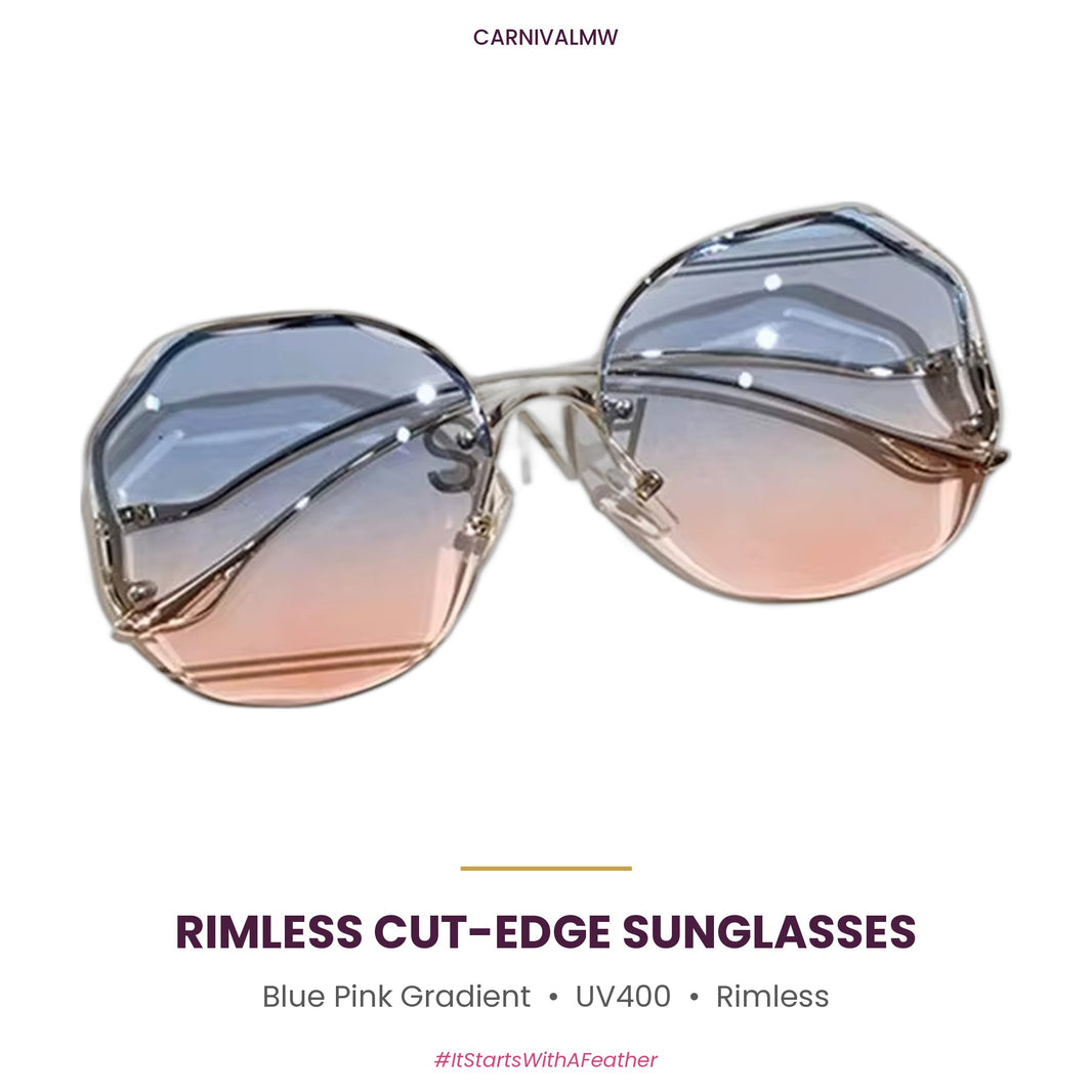 Blue Pink rimless cut-edge oversized sunglasses by CARNIVALMW – blue-to-pink gradient UV400 lenses with faceted diamond-cut edges