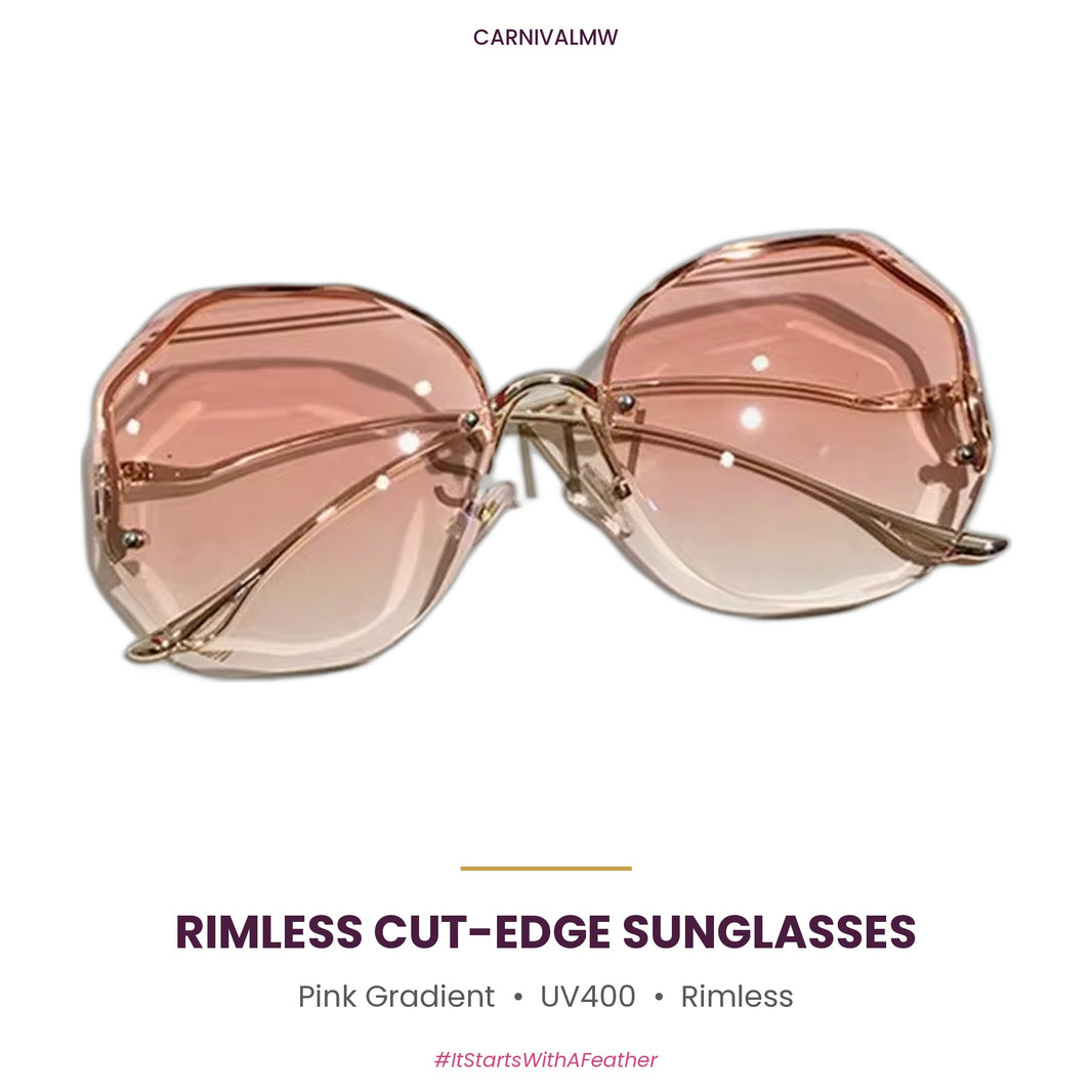 Blue Pink rimless cut-edge oversized sunglasses by CARNIVALMW – blue-to-pink gradient UV400 lenses with faceted diamond-cut edges