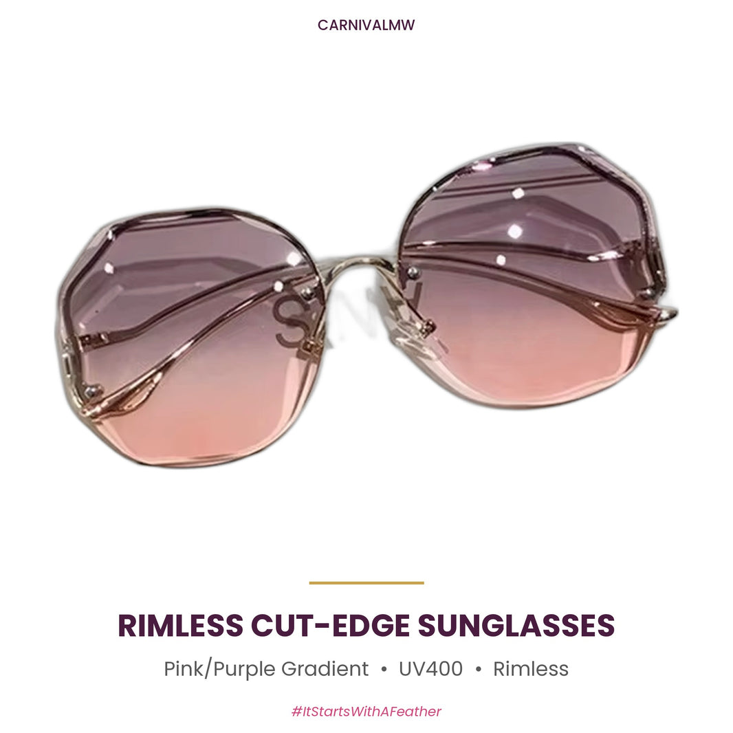 Rimless Cut-Edge Oversized Sunglasses – UV400 Gradient Lens Shades-Pink/Purple Gradient rimless cut-edge oversized sunglasses by CARNIVALMW – purple-to-pink gradient UV400 lenses with faceted diamond-cut edges