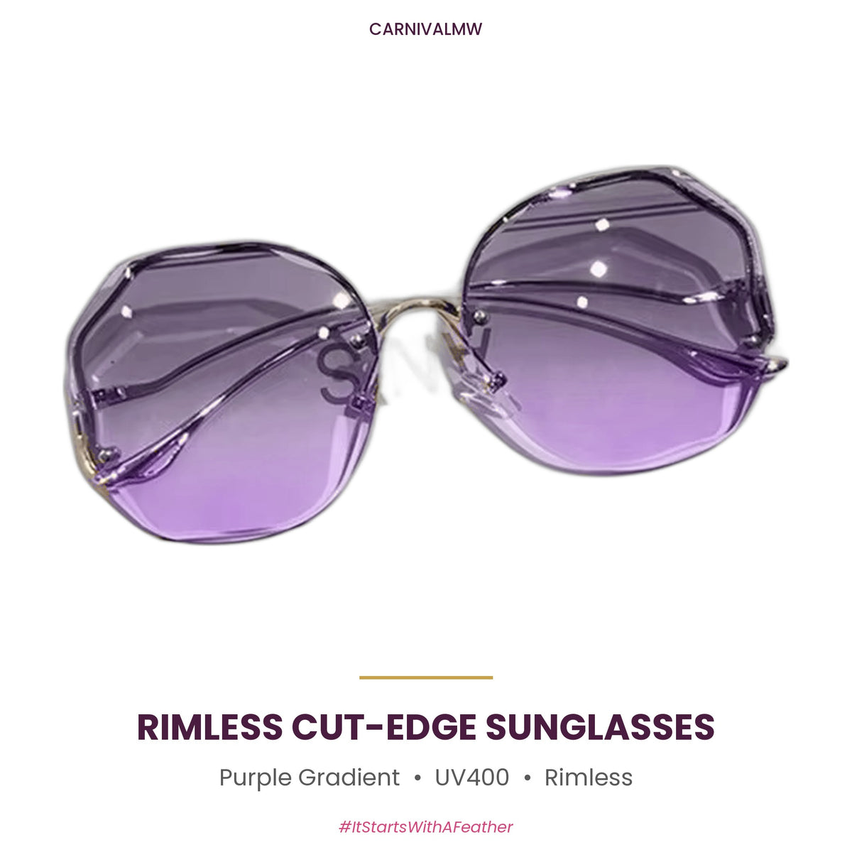 Rimless Cut-Edge Oversized Sunglasses – UV400 Gradient Lens Shades-Purple rimless cut-edge oversized sunglasses by CARNIVALMW – purple gradient UV400 lenses with faceted diamond-cut edges