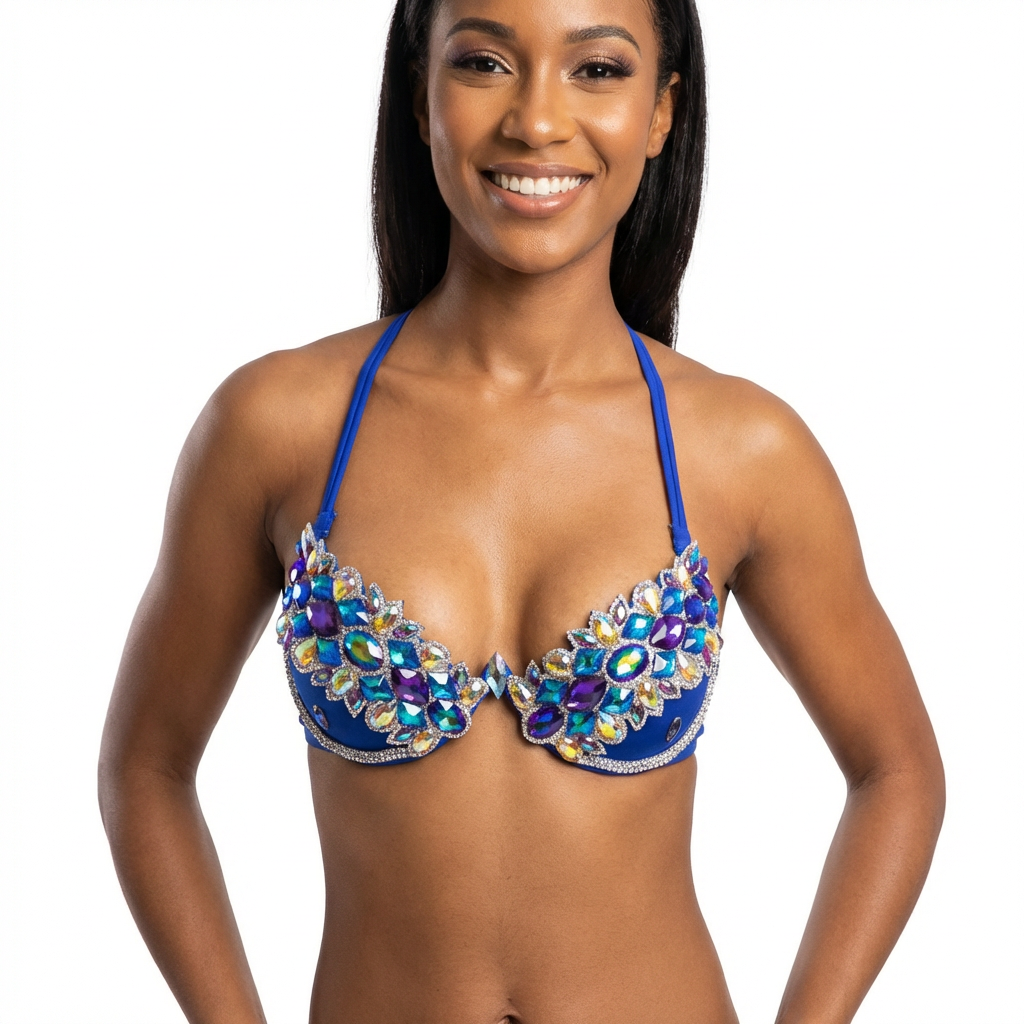 Royal blue decorated wire bra with iridescent AB crystals on a black mannequin, front view