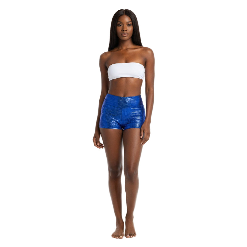 Royal Blue Holographic Carnival Cheekies Hot Shorts — shimmering holographic booty shorts for carnival, jouvert, fetes, and festivals