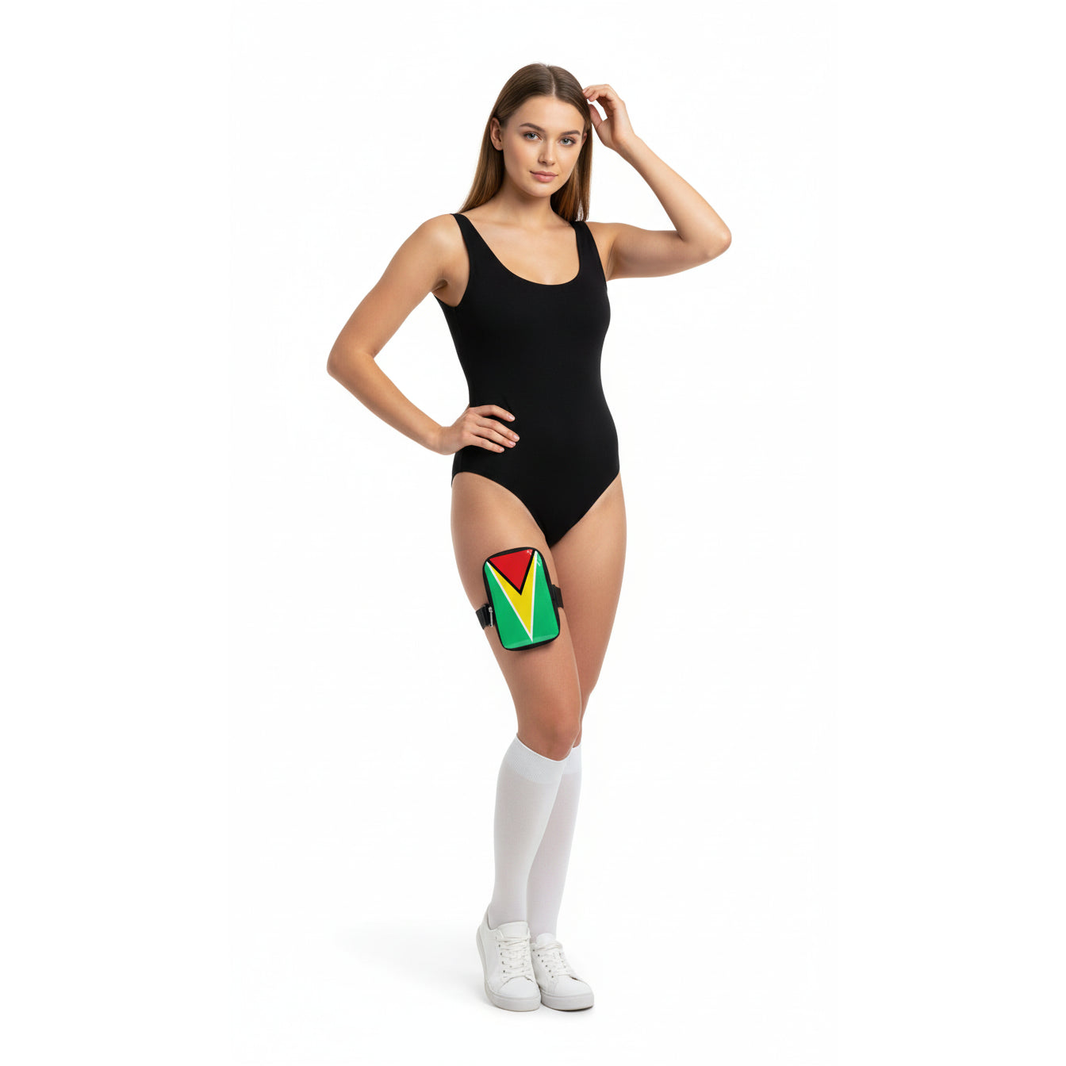 Run & Revel Caribbean Carnival Adjustable Thigh/Leg Bag - Guyana – flag print on white background