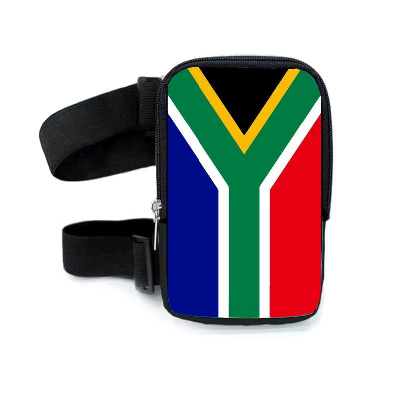 Run & Revel Caribbean Carnival Adjustable Thigh/Leg Bag - South Africa – flag print on white background