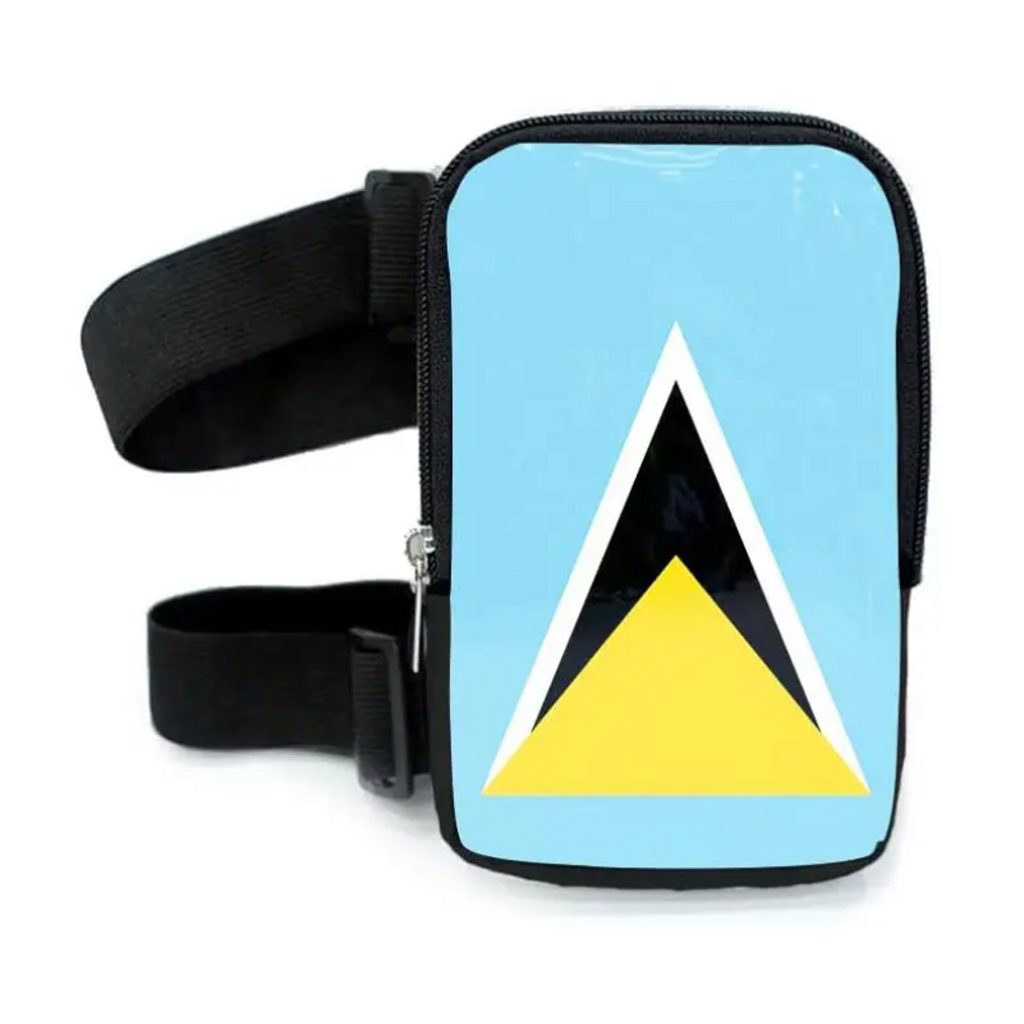 Run & Revel Caribbean Carnival Adjustable Thigh/Leg Bag - St. Lucia – flag print on white background