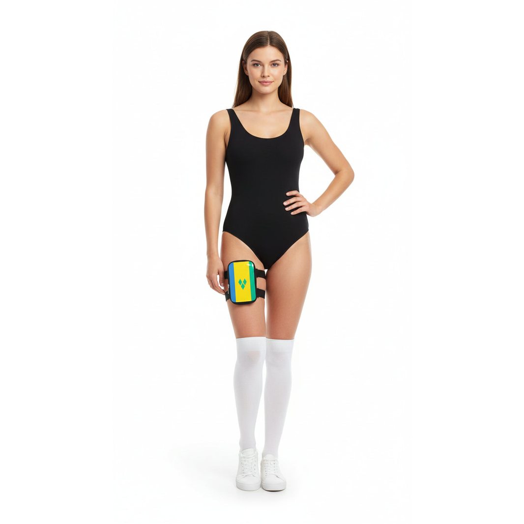 Run & Revel Caribbean Carnival Adjustable Thigh/Leg Bag - St. Vincent – flag print on white background