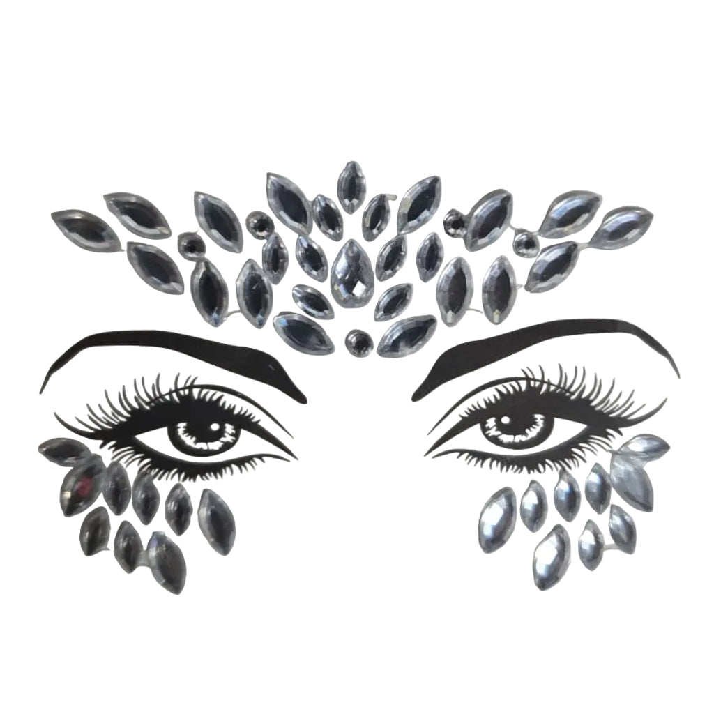 Silver Mini Crown Face Gems Stickers — reflective rhinestone face gems with adjustable fit for carnival and festival looks, ages 12 and up