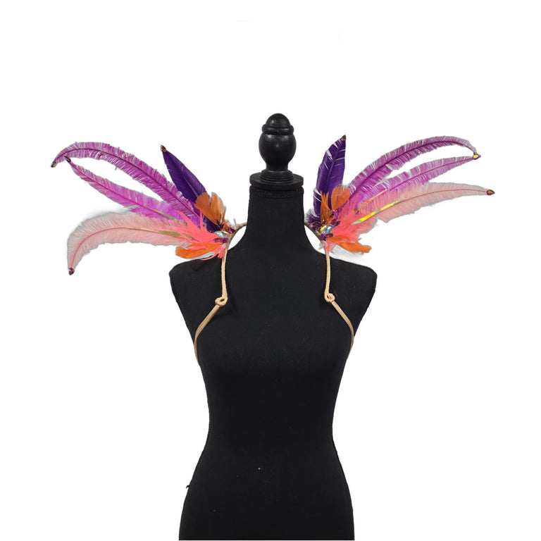 Sunset Orchid small feather collar wings on a mannequin – magenta, pink, purple and orange feathers with AB rhinestone tips | CarnivalMW