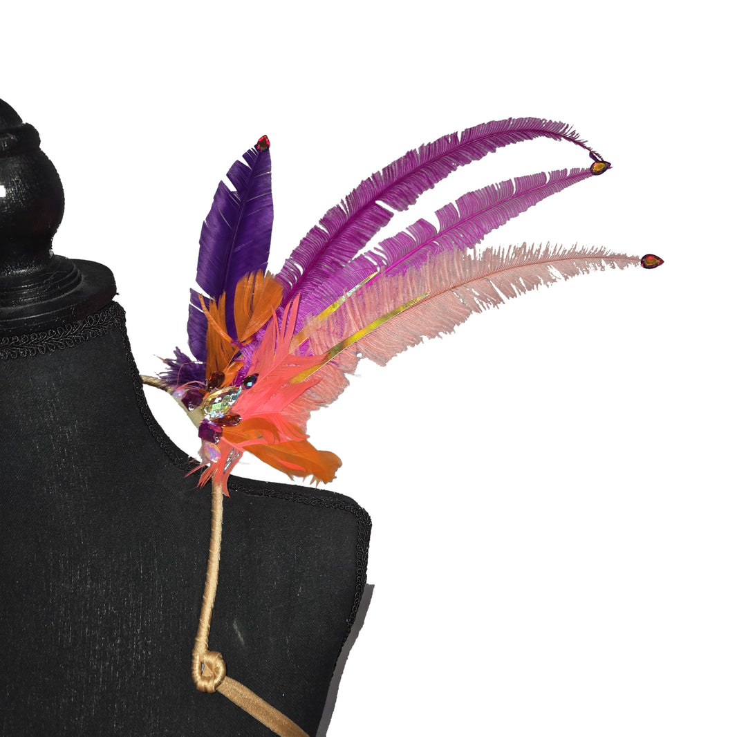 Sunset Orchid small feather collar wings on a mannequin – magenta, pink, purple and orange feathers with AB rhinestone tips | CarnivalMW