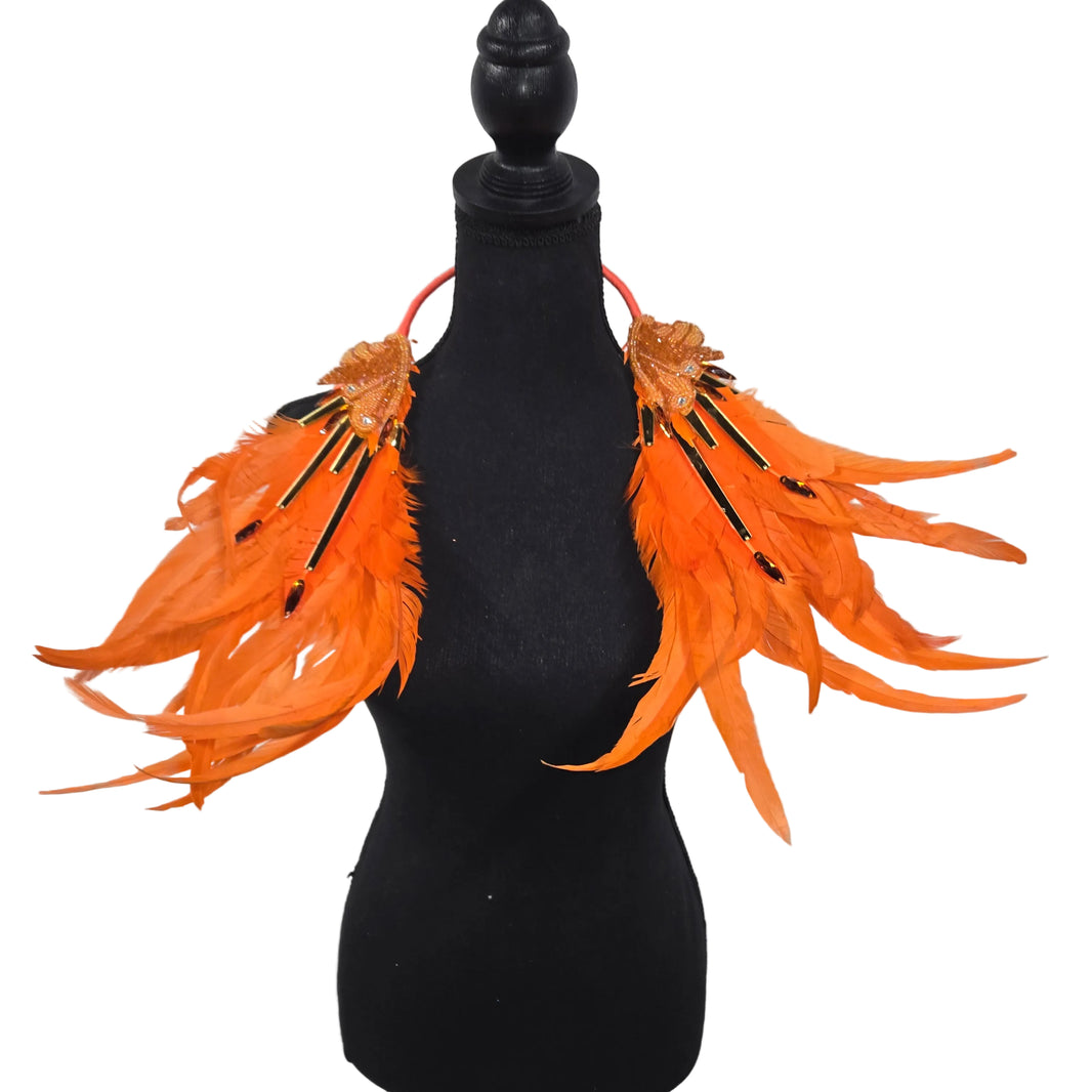 Tangerine Cascade small feather collar wings on a mannequin