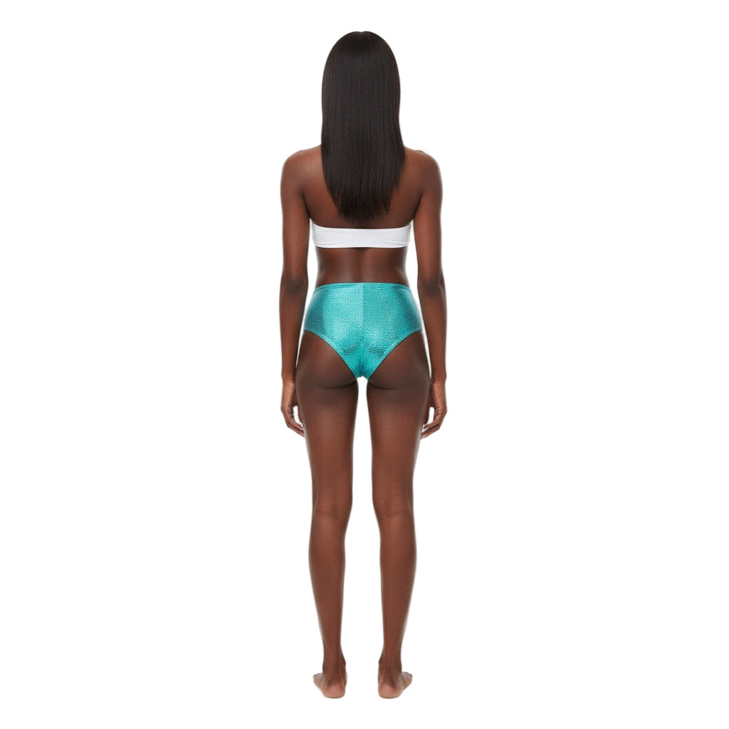 Teal Holographic Carnival Cheekies Hot Shorts — shimmering holographic booty shorts for carnival, jouvert, fetes, and festivals
