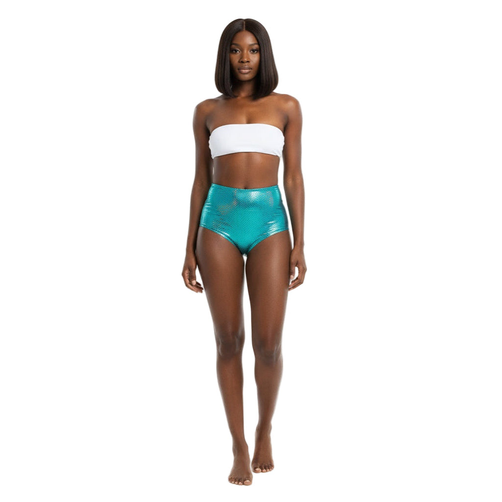 Teal Holographic Carnival Cheekies Hot Shorts — shimmering holographic booty shorts for carnival, jouvert, fetes, and festivals